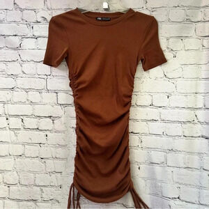 Zara Cinch Midi‎ Ribbed Short Sleeve Bodycon Dress Copper Color Size Small